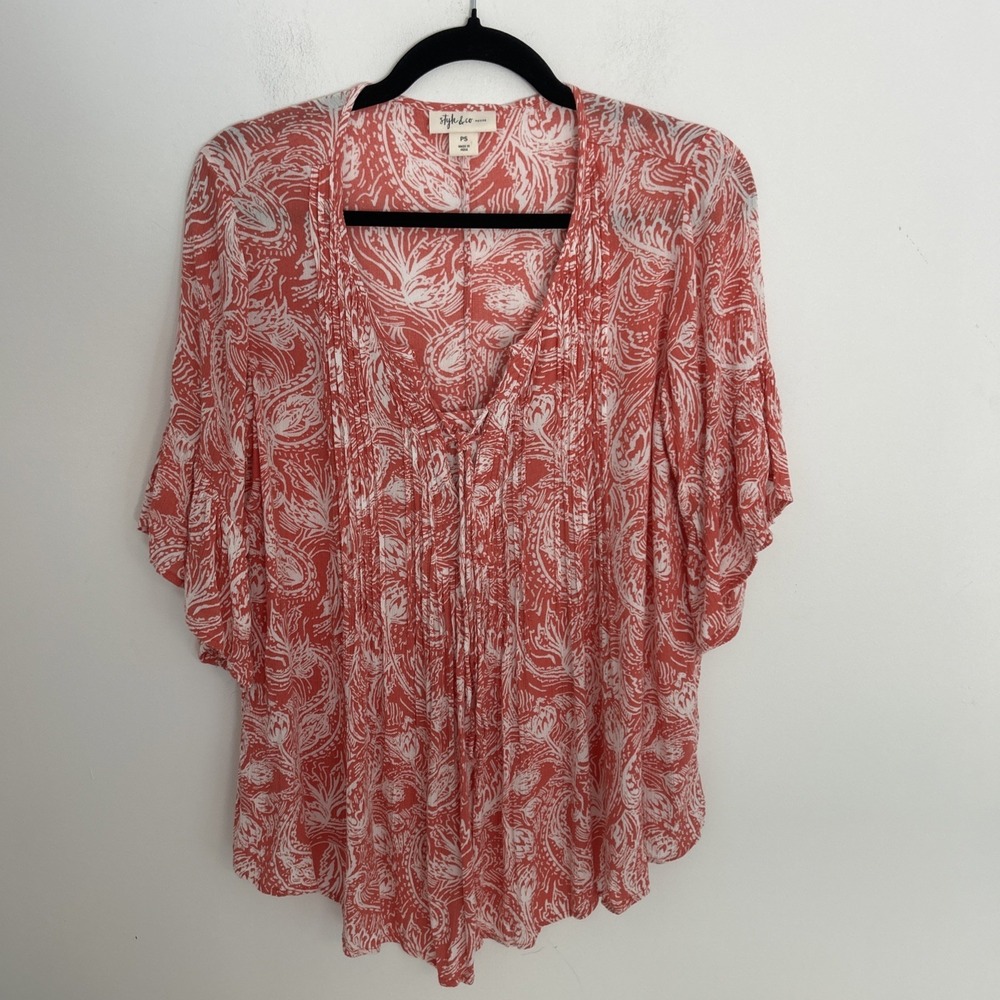 Style & Co Size PS‎ Boho Flowy Tie V-Neck Peasant Red White Paisley Blouse